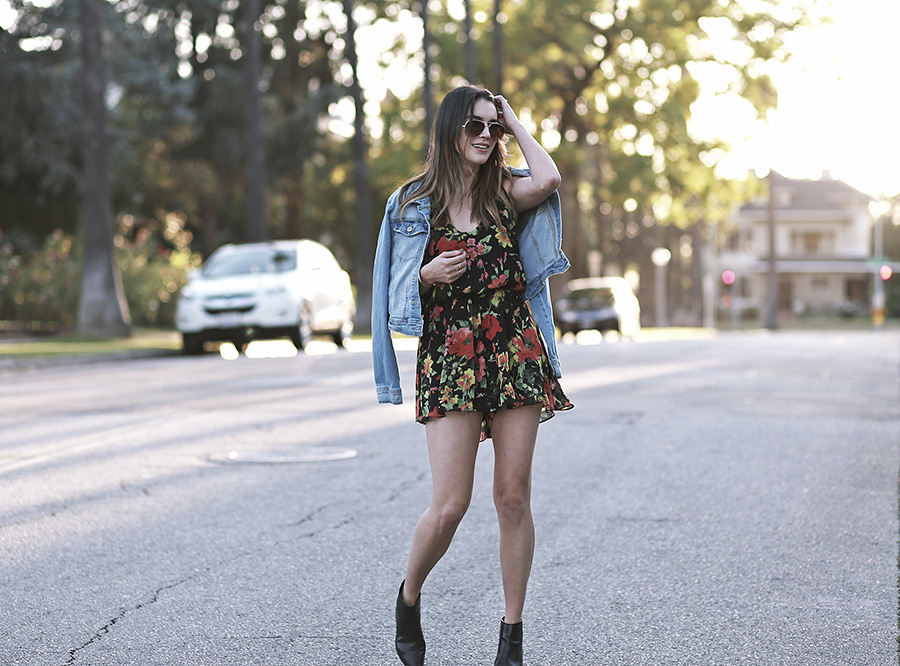 floral romper denim jacket black booties 1