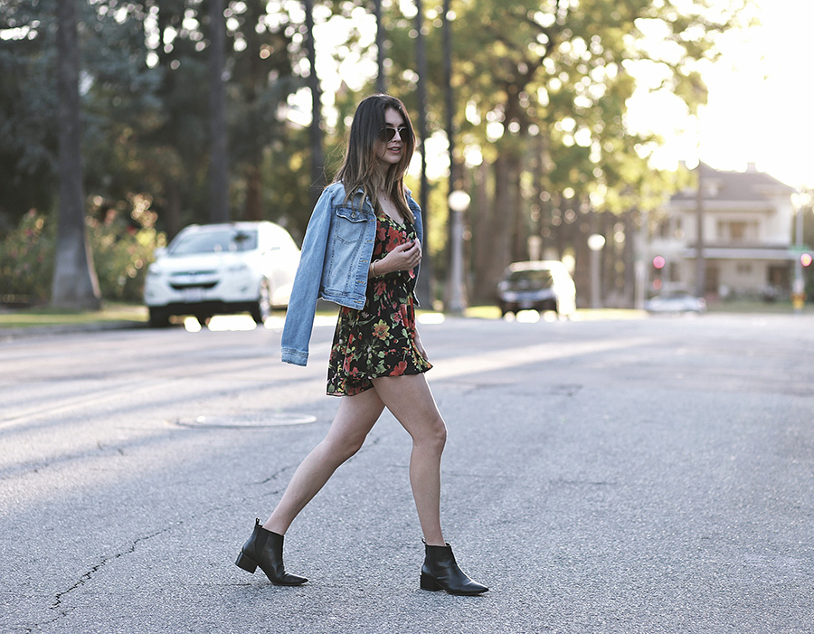 floral romper denim jacket black booties 2