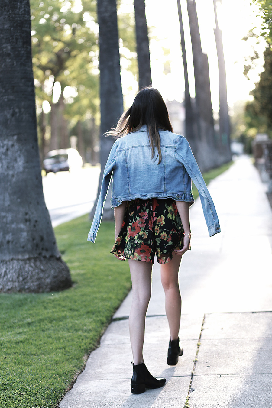 floral romper denim jacket black booties 3