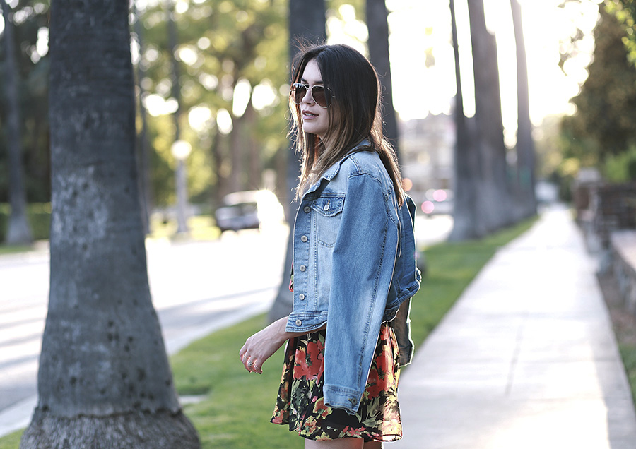 floral romper denim jacket black booties 4