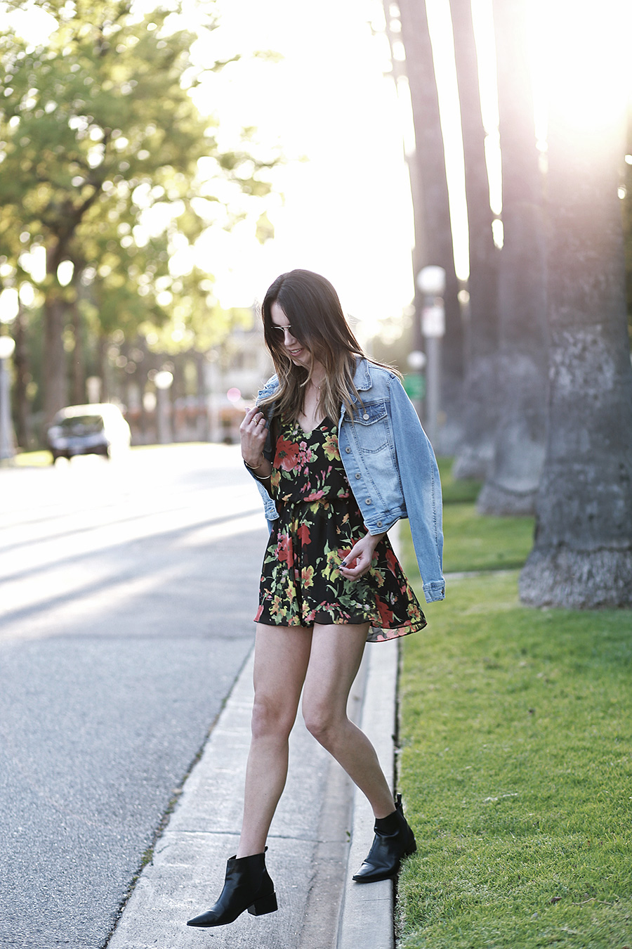 floral romper denim jacket black booties 5