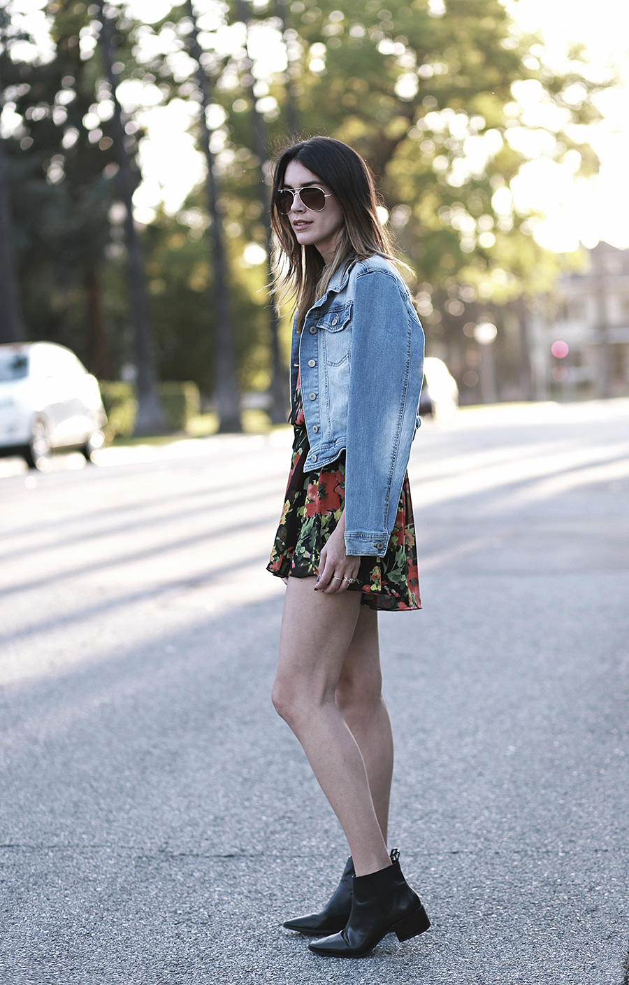 floral romper denim jacket black booties 6