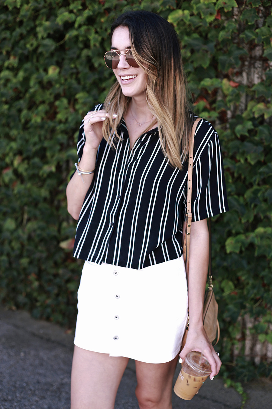 Boohoo white skirt Boohoo striped shirt Verve coffee santa cruz