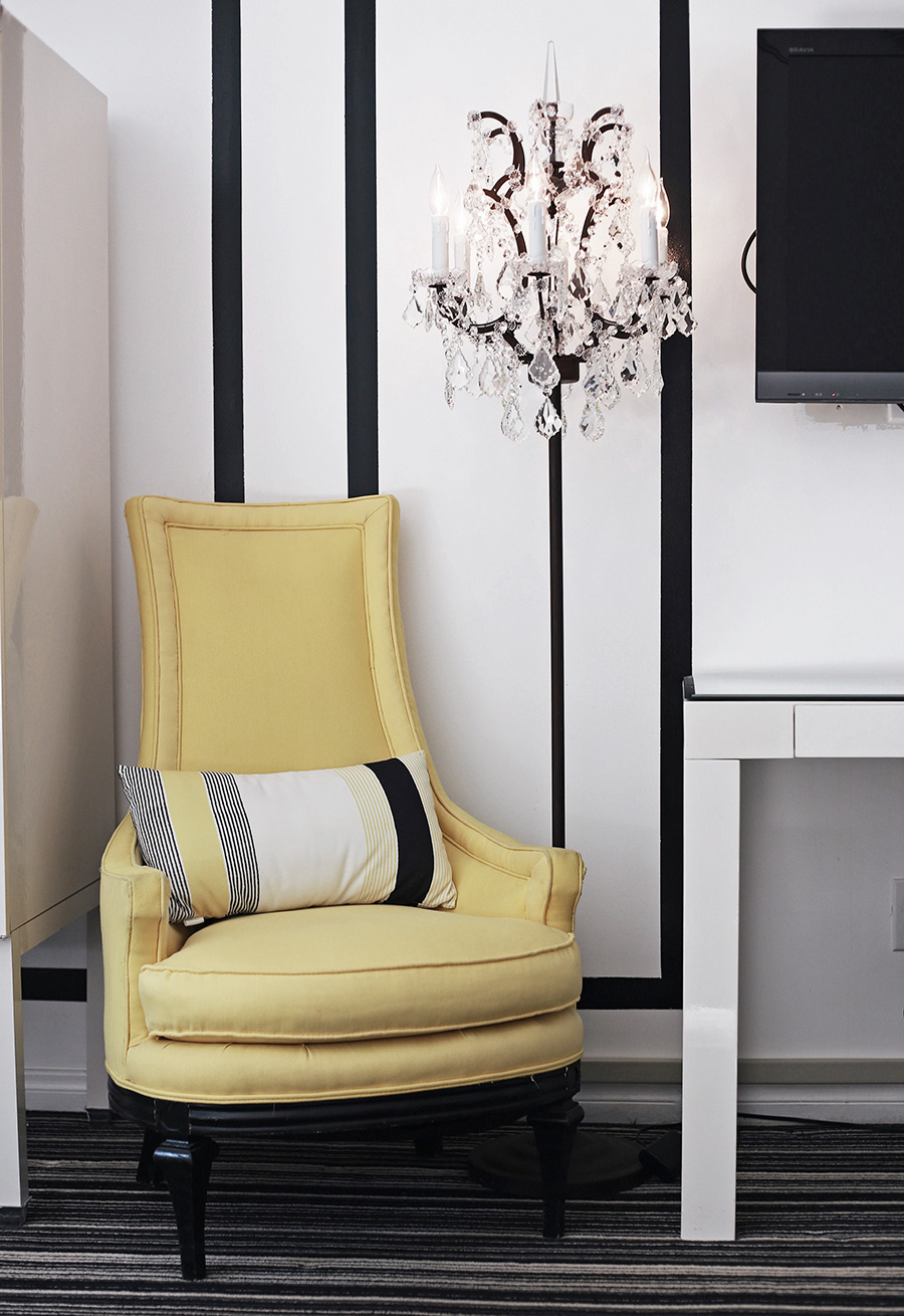 Chandelier at the Avalon Hotel Palm Springs Interior Decor Yellow Chair