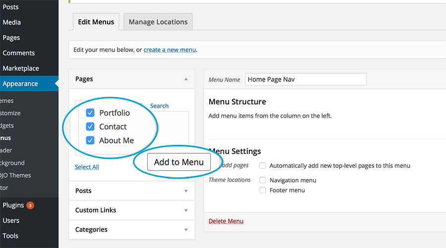 creating a wordpress navigation menu