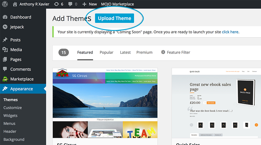 uploading a wordpress theme