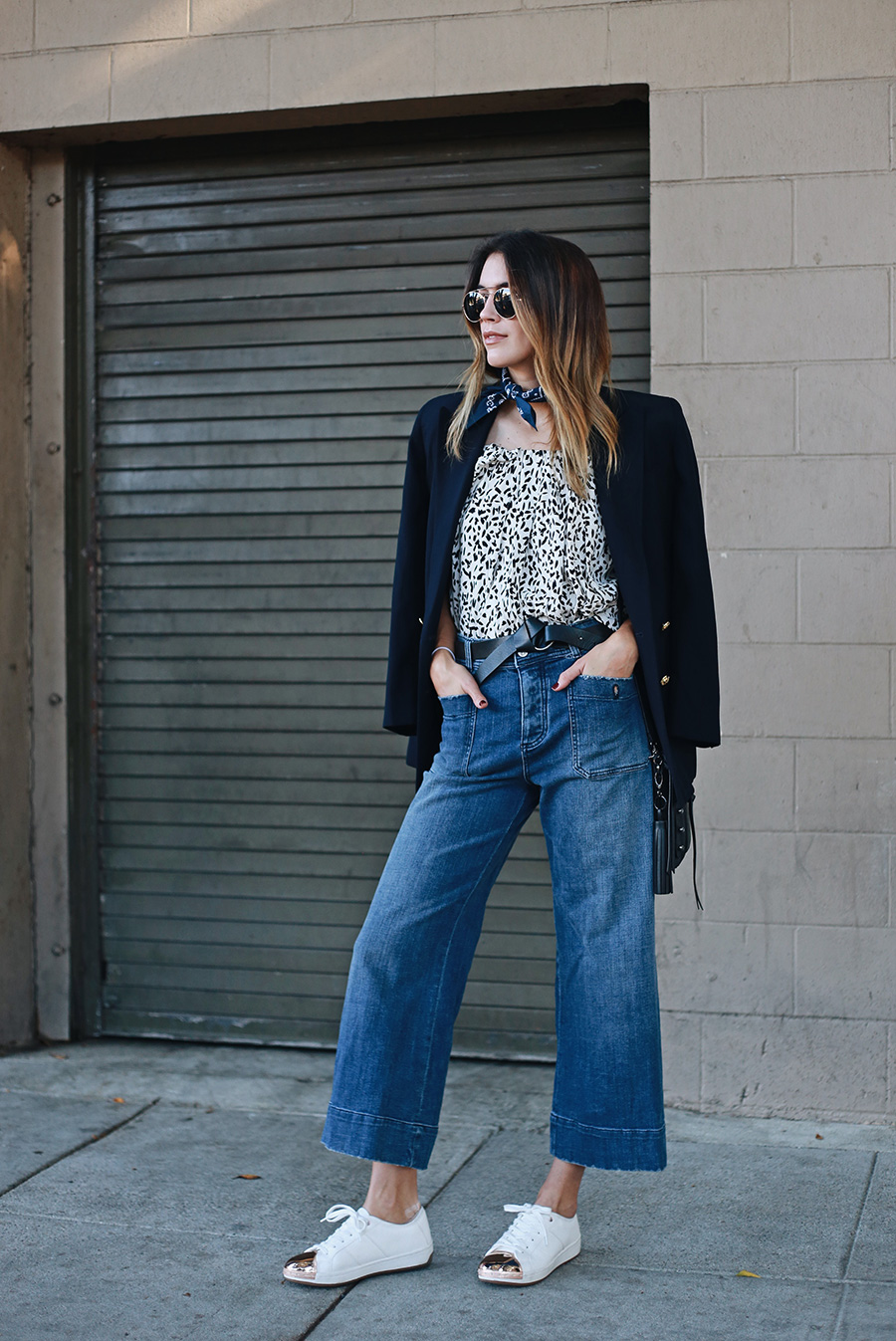 wide leg jeans and sneakers