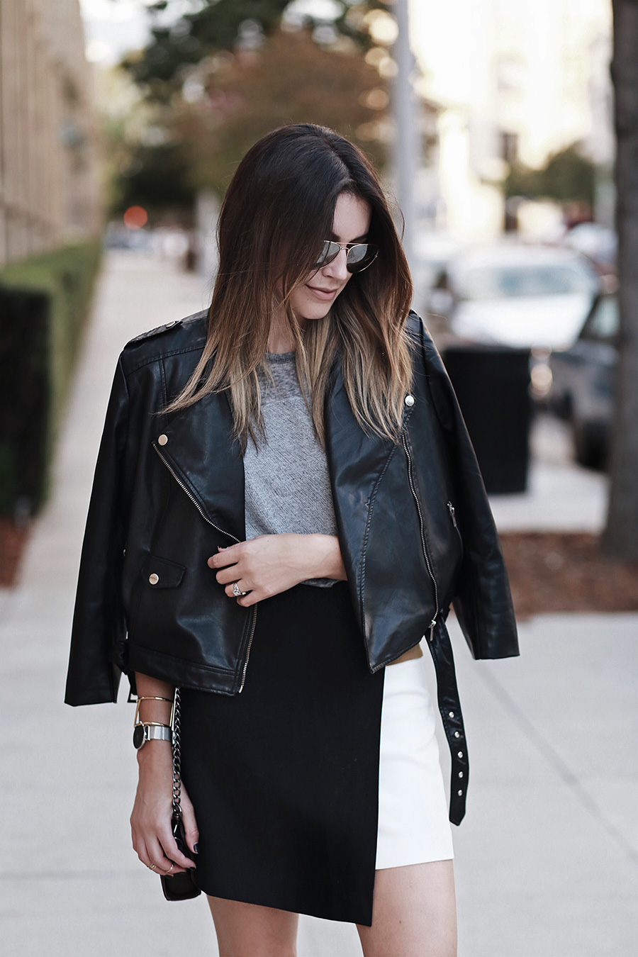 Color Block Skirt Leather Jacket
