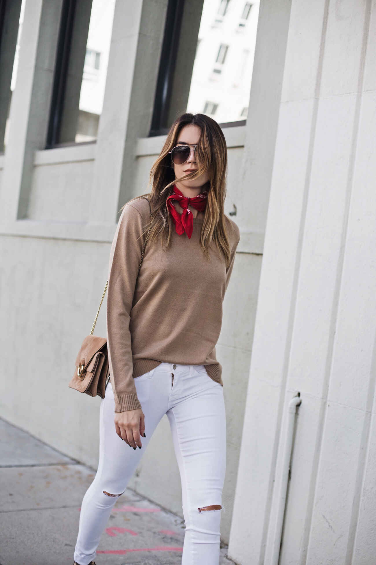Camel Sweater White Ripped Jeans