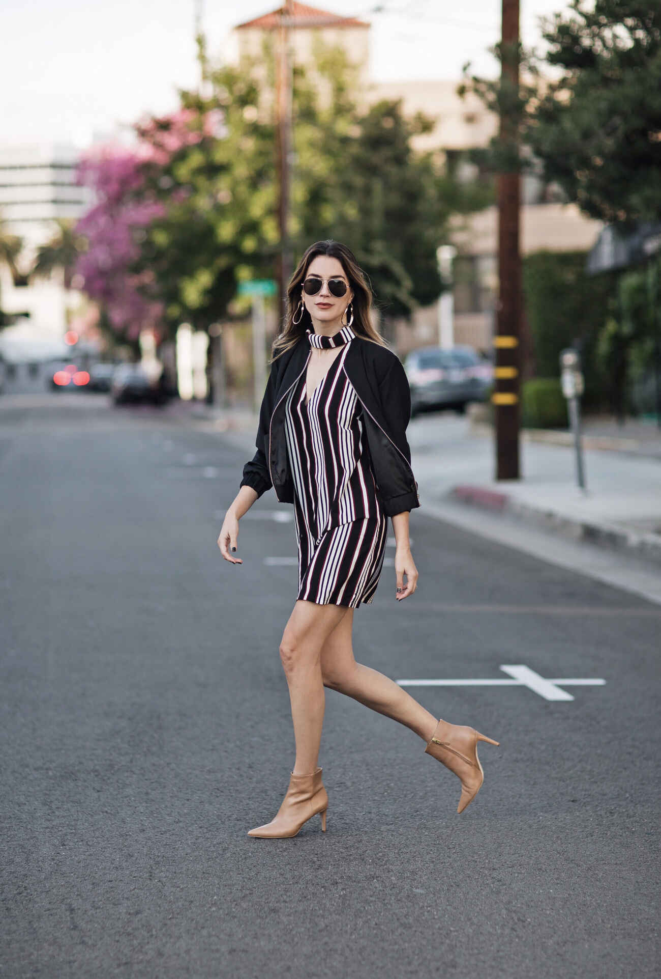 Striped Dress Bomber Jacket Nude Booties