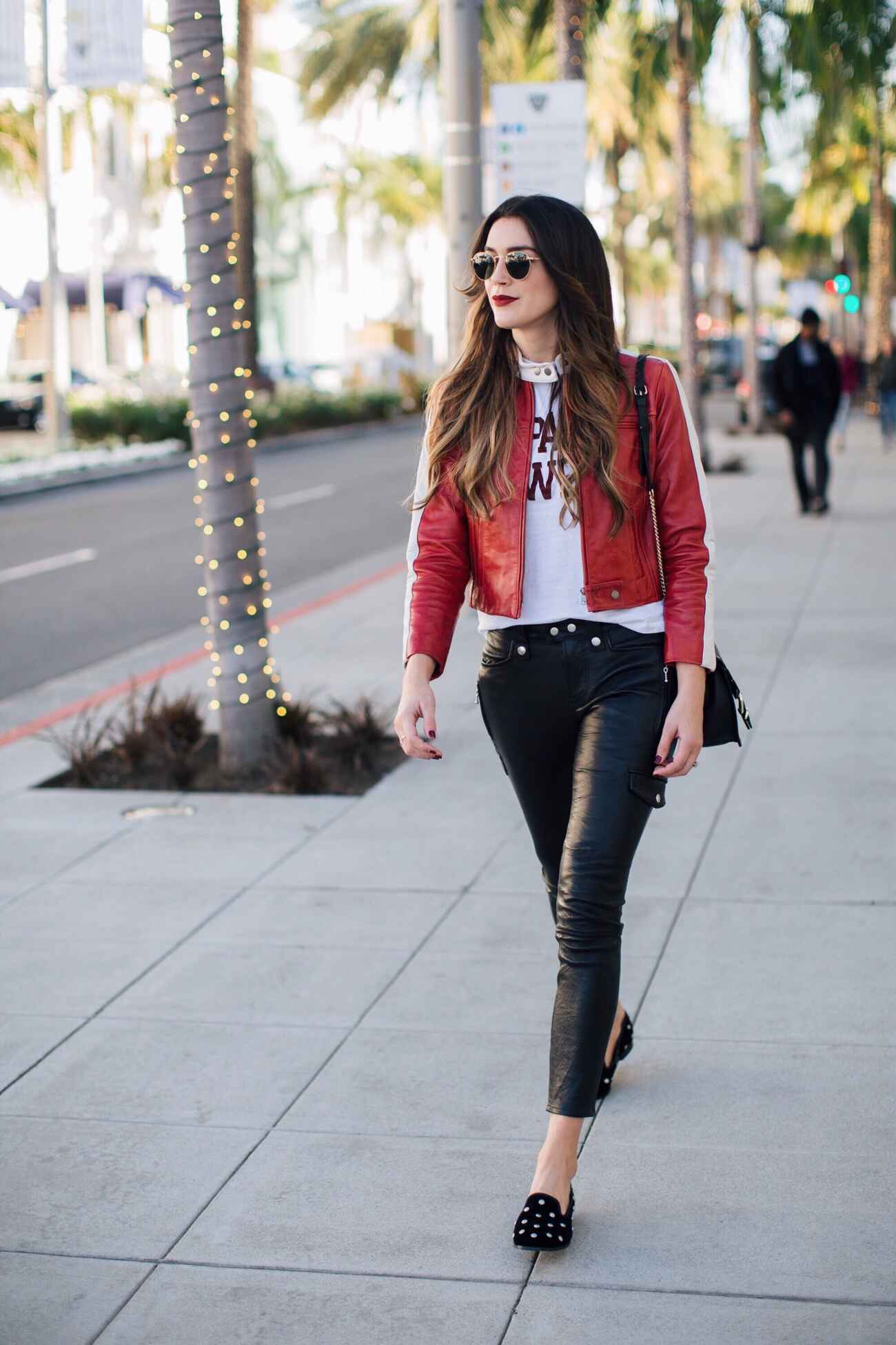 Red leather pants and on sale jacket