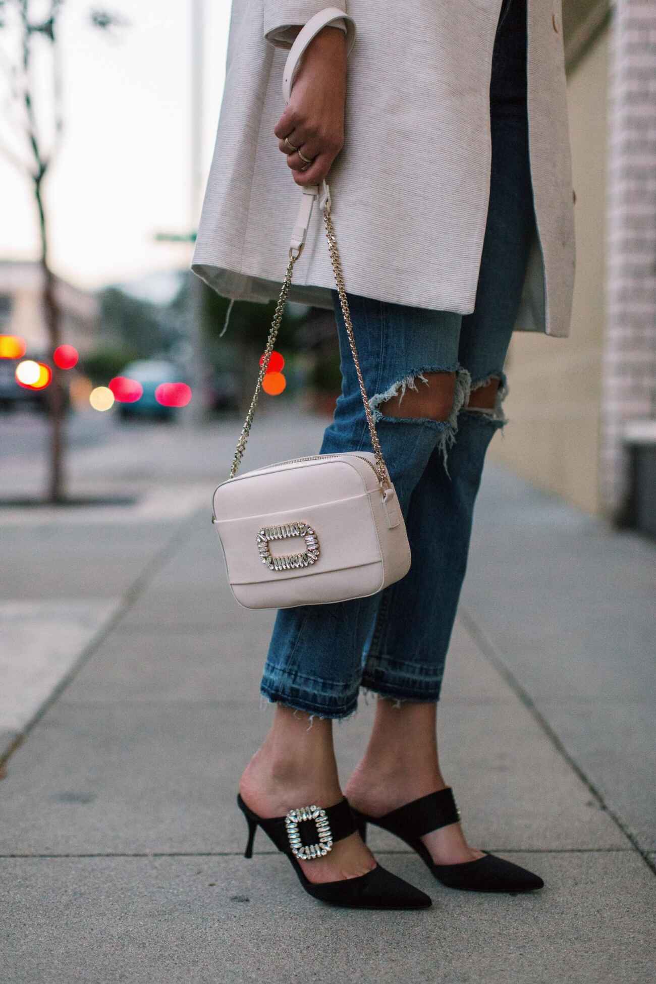 Embellished Denim Clutch Bag in Blue - Roger Vivier